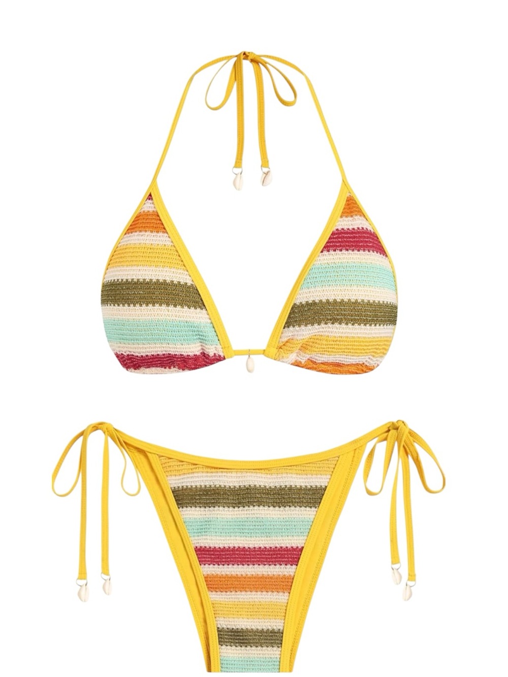 ZAFUL Women's Crochet Colorblock Stripes Triangle Tie Bikini, Shell Details, S